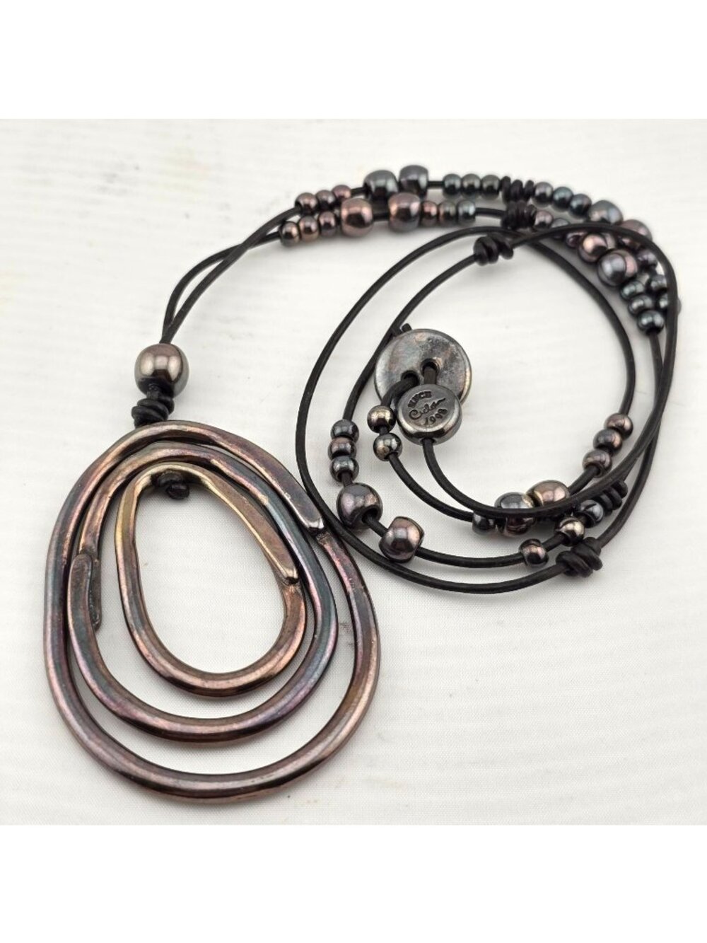 Ciclon Iridescent Metal Statement Necklace Multi-Strand Beaded Cord 40" Long